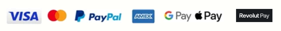 Visa, Mastercard, PayPal, American Express, Google Pay, Apple Pay, Revolut Pay